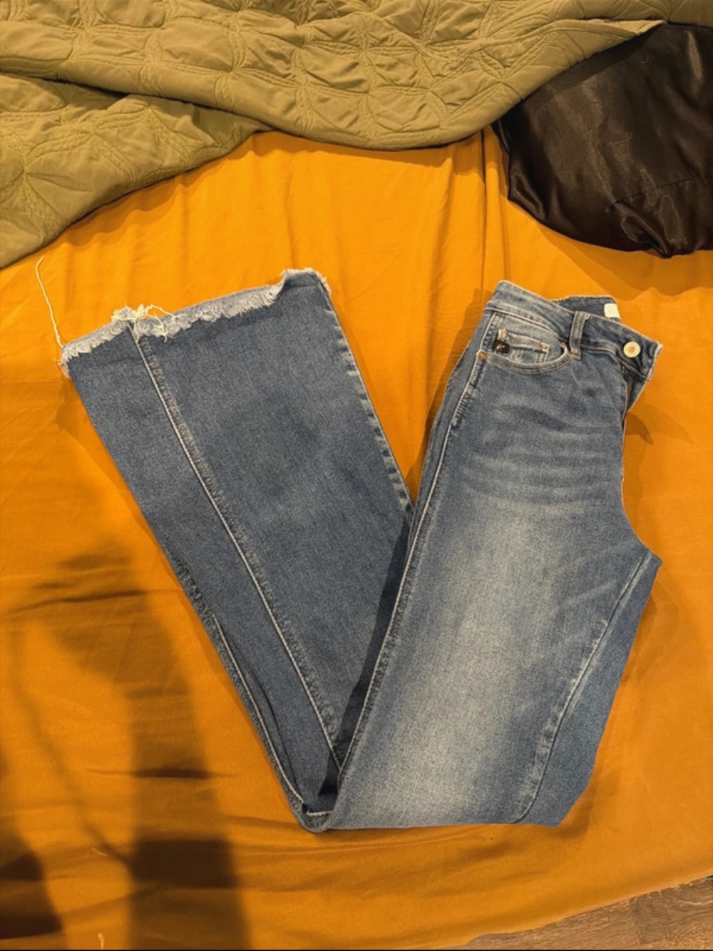 KanCan Medium Blue High-Rise Flared Jeans with Frayed Hem